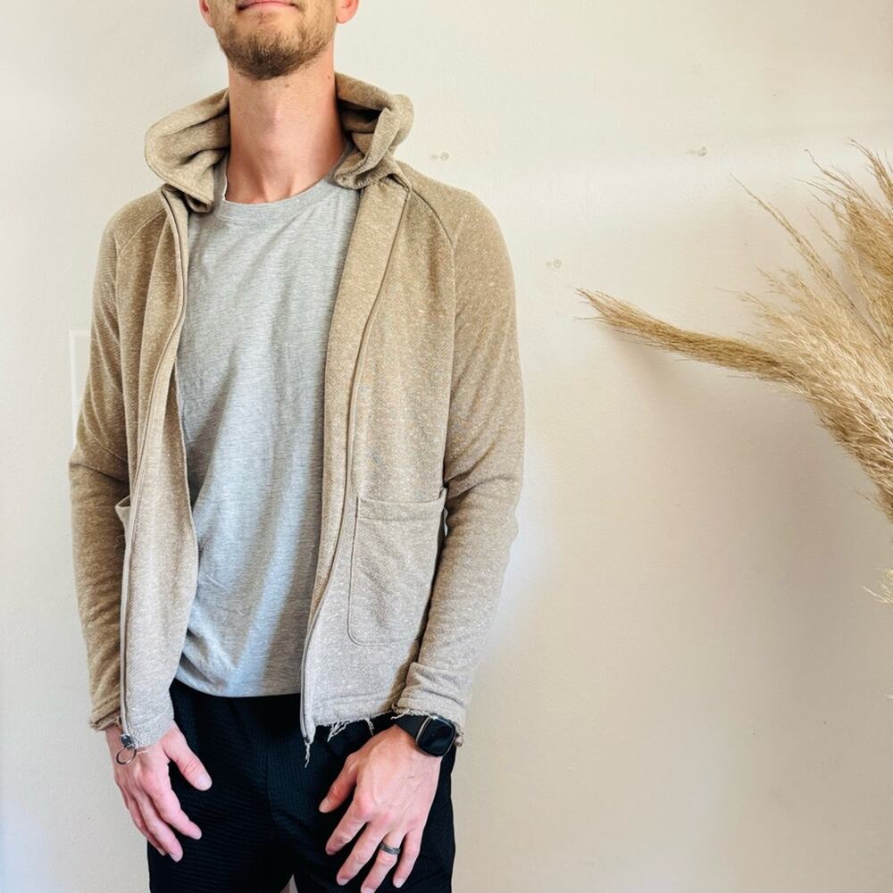 CIVIL SOCIETY Mason Zip Up Hoodie Jacket Sweater $98 Distressed Cream Khaki S